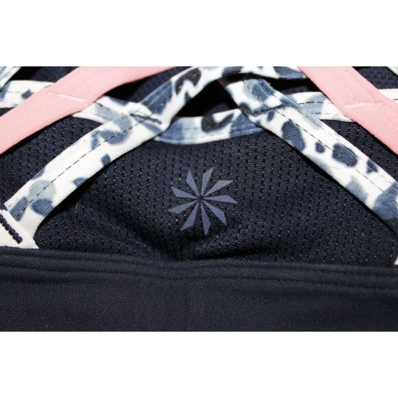 Womens Athleta White Navy Blue Pink Leopard Print Strappy Back Sports Bra Sz XS - Picture 3 of 8